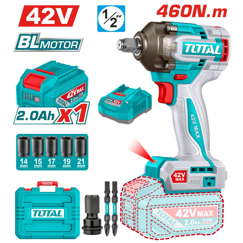 Llave impacto dado cuadrado 1/2" 42V. Motor sin escobillas. 460Nm. 2 baterías y 1 cargador.