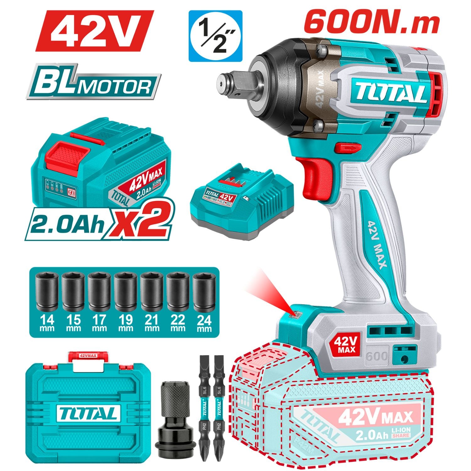 Llave Impacto Dado Cuadrado 42V 1/2" Motor Sin Escobillas. 600Nm Incluye 2 Baterías Y Cargador. Super Total