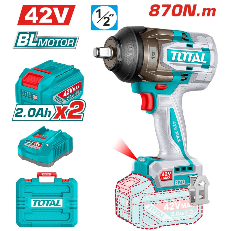 Llave Impacto Dado Cuadrado 42V 1/2" Motor Sin Escobillas. 870Nm Incluye 2 Baterías y 1 Cargador. Super Total