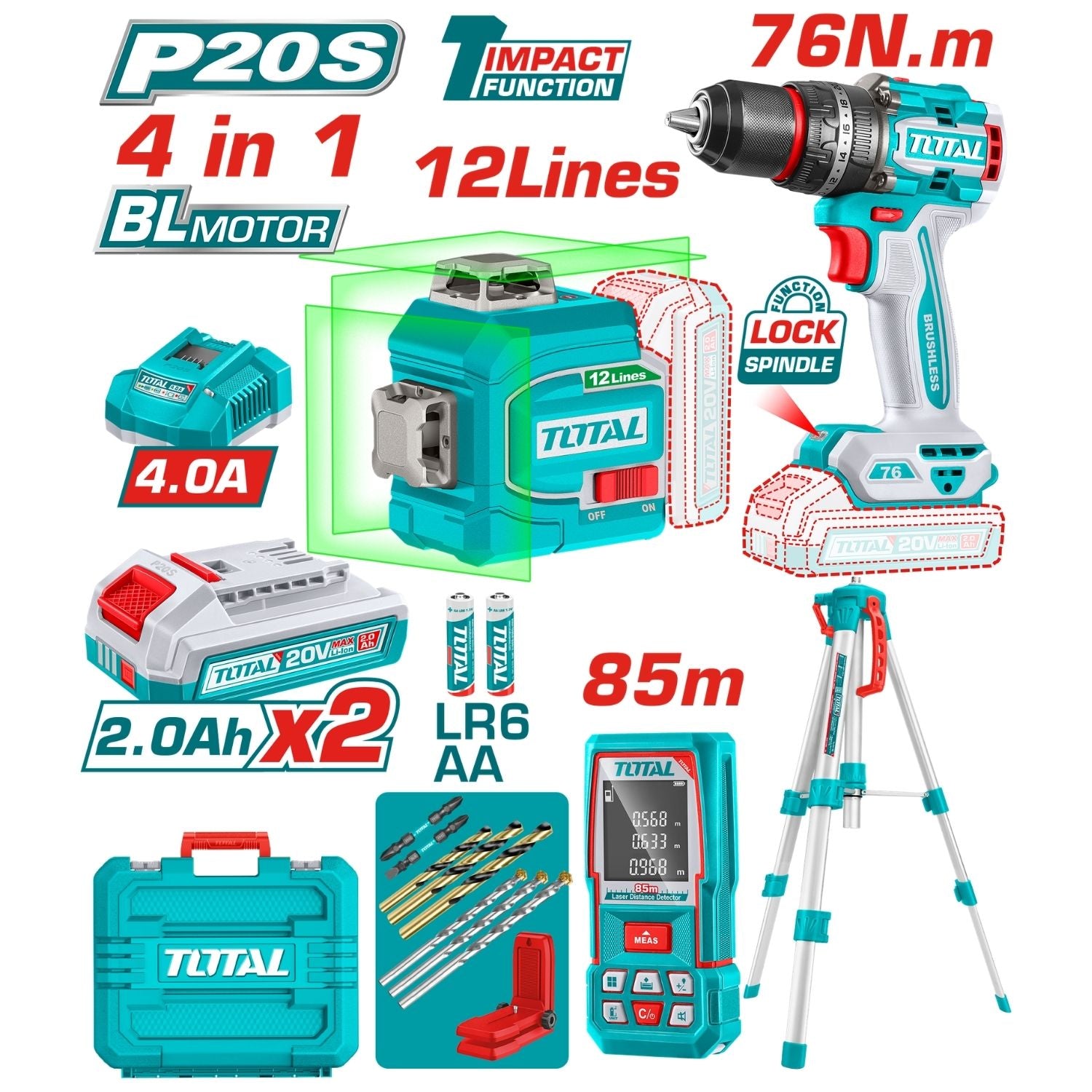 Combo Total Inalámbrico  20V  Taladro de Impacto 76 Nm, Nivel Láser 3D 0~35 m, Medidor de Distancia 85 m,  Incluye Batería, cargador y accesorios.