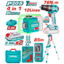 Combo Total Inalámbrico  20V  Taladro de Impacto 76 Nm, Nivel Láser 3D 0~35 m, Medidor de Distancia 85 m,  Incluye Batería, cargador y accesorios.