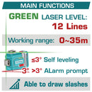 Nivel Láser Verde 3D 20V Rango De Trabajo: 0-35m Precisión De Línea: ± 1.5 mm a 7m   360°  Incluye Batería y Cargador.