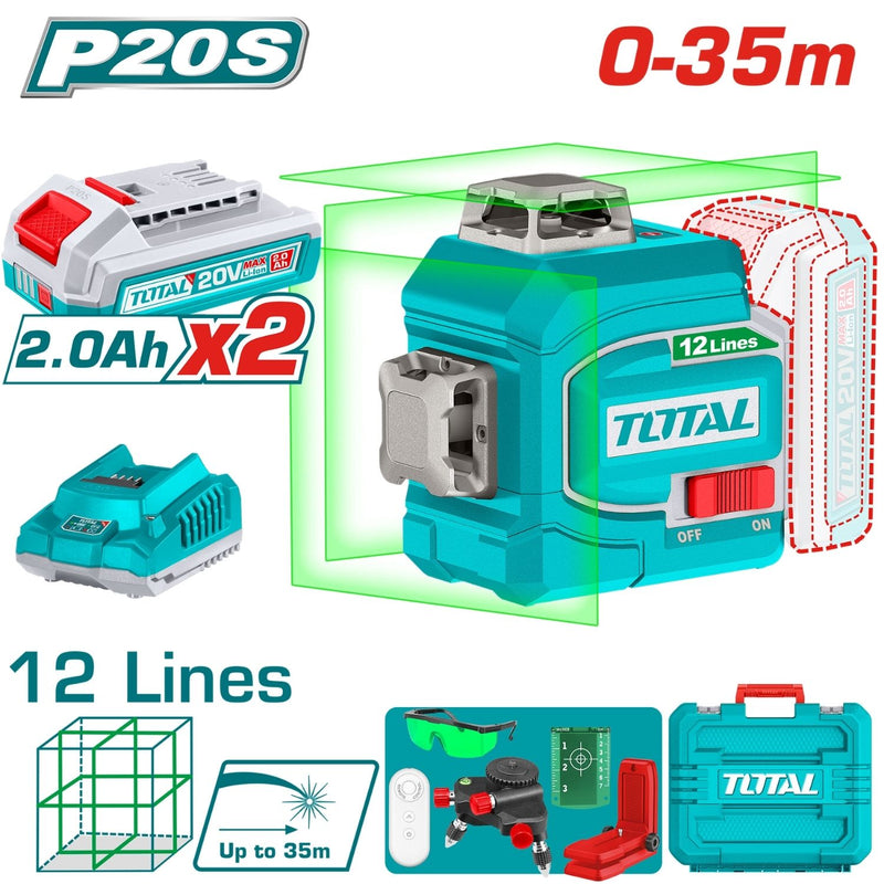 Nivel Láser Verde 3D 20V Rango De Trabajo: 0-35m Precisión De Línea: ± 1.5 mm a 7m   360°  Incluye Batería y Cargador.