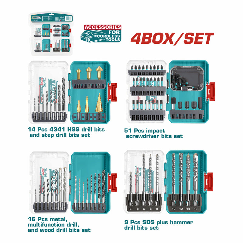 Combo del mes Total  Accesorios para herramientas inalámbricas 90 piezas en 4 cajas. Brocas para Metal (16 piezas) Puntas (51 piezas) Brocas Escalonadas (14 pzas) Brocas SDS (9 pzas) POCAS UNIDADES