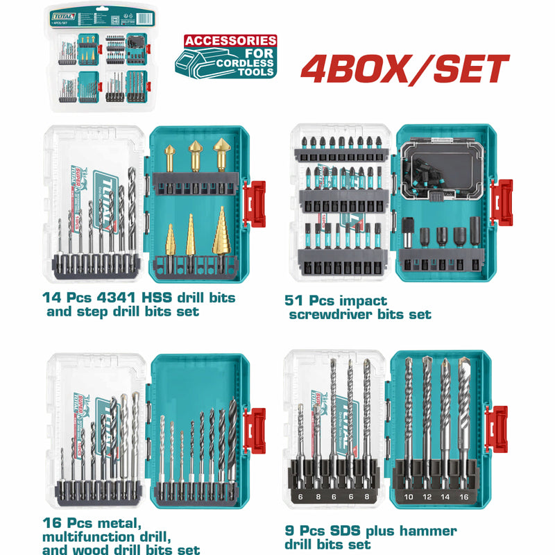 Combo del mes Total  Accesorios para herramientas inalámbricas 90 piezas en 4 cajas. Brocas para Metal (16 piezas) Puntas (51 piezas) Brocas Escalonadas (14 pzas) Brocas SDS (9 pzas) POCAS UNIDADES