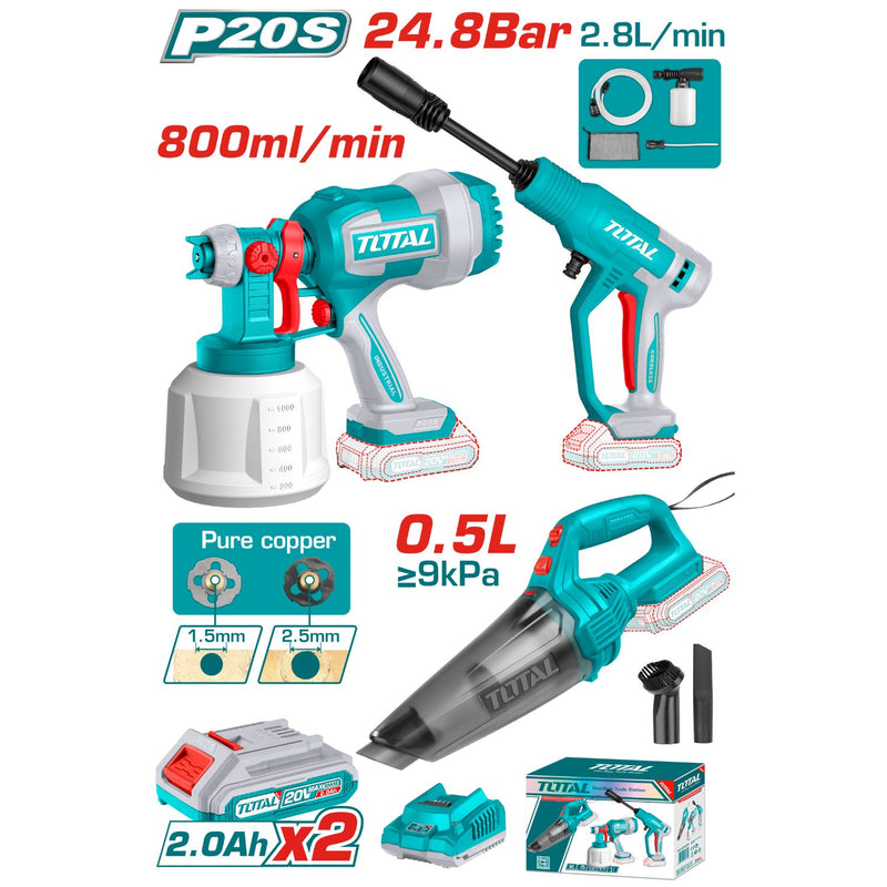 Combo Total 20V Inalámbrico Aspiradora 0.5 L  ≥9 kPa Hidrolavadora 24.8 Bar 2.8 L/min  Pistola de Pintura 0.1-0.2 Bar 1000 ml Incluye Batería, cargador y accesorios.