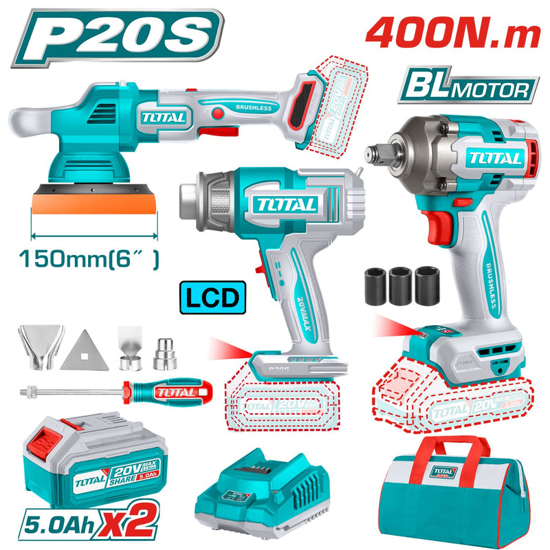 Combo Total Llave de Impacto 400Nm 1/2”. Pulidora Inalámbrica 4500rpm, 150mm. Pistola de Calor 550ºC, Pantalla LCD.  Incluye Batería y Cargador. POCAS UNIDADES.