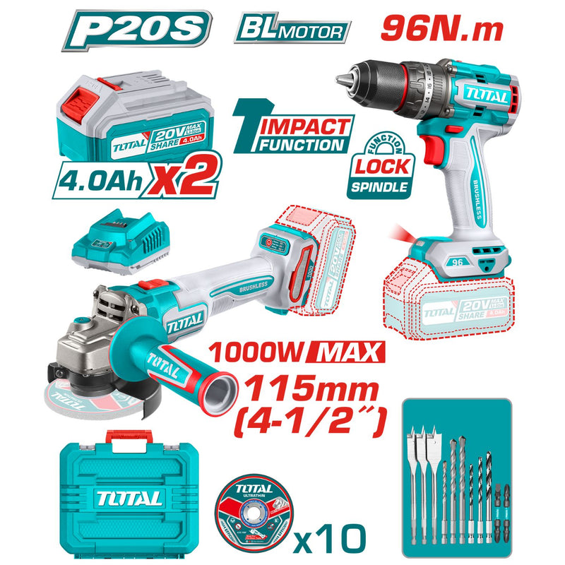 Combo del mes Total Esmeril angular 20V Motor sin escobillas 4-1/2". Taladro Compacto motor sin escobillas 20V 96Nm. Batería , Cargador y accesorios. POCAS UNIDADES