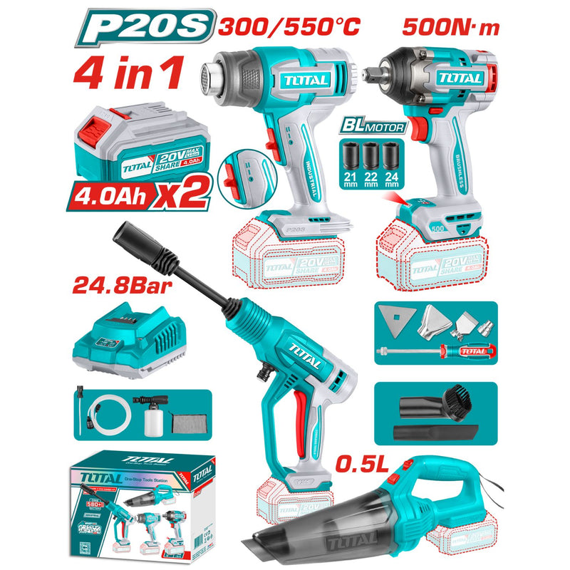 Super Combo Total 20V  Pistola de Calor 30-550 °C  Aspiradora 0.5 L   >=9 kPa  Hidrolavadora 24.8 Bar  Llave de Impacto 1/2" 500Nm  Inalámbricas Poderosas y  Potentes  COMBOS POCAS UNIDADES