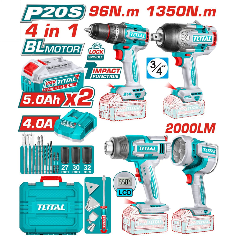 Combo del mes Total Inalámbrico. Taladro percutor 96Nm, Lámpara de trabajo 22.5W, Pistola de calor 30-550°C  Llave de impacto 3/4" Incluye cargador, baterías y accesorios.POCAS UNIDADES.