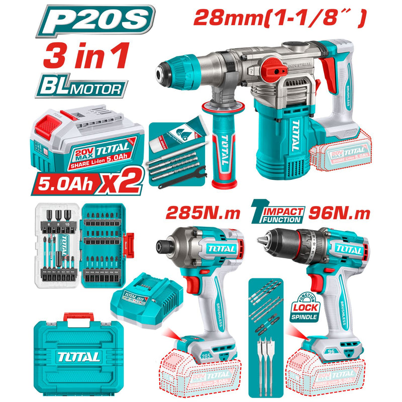 Combo del mes Total Inalámbrico. Martillo perforador 4.5 J, Taladro percutor 96 Nm Atornillador 6.35 mm Incluye cargador y baterías. POCAS UNIDADES.