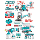 Combo del mes Total Inalámbrico. Esmeriladora angular 1000 W 4-1/2'', Pulidora inalámbrica 5/8''-11UNC, Lijadora 13000 rpm Pistola de Pintura 800ml  Incluye cargador y baterías. POCAS UNIDADES.