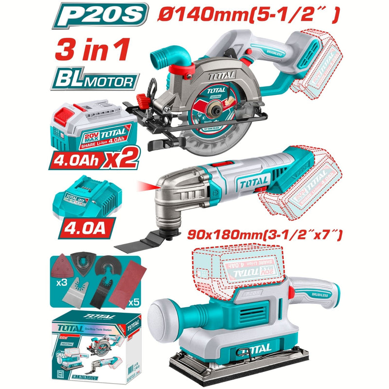 Combo del mes Total inalámbrico. Sierra circular 20V 140 mm (5 ½″) Mototool 5,000 – 20,000rpm, lijadora de hoja 90 x180 mm 13000 rpm. Incluye cargador y baterías. POCAS UNIDADES.