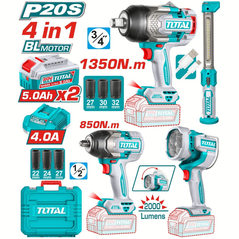 Combo del mes Total Inalámbrico 4 en 1 Llaves de Impacto 3/4″   Torque 1350Nm y de 1/2″ 850Nm  Lámparas de trabajo 22,5 W y de 3,5 W Incluye cargador y baterías y accesorios. POCAS UNIDADES.