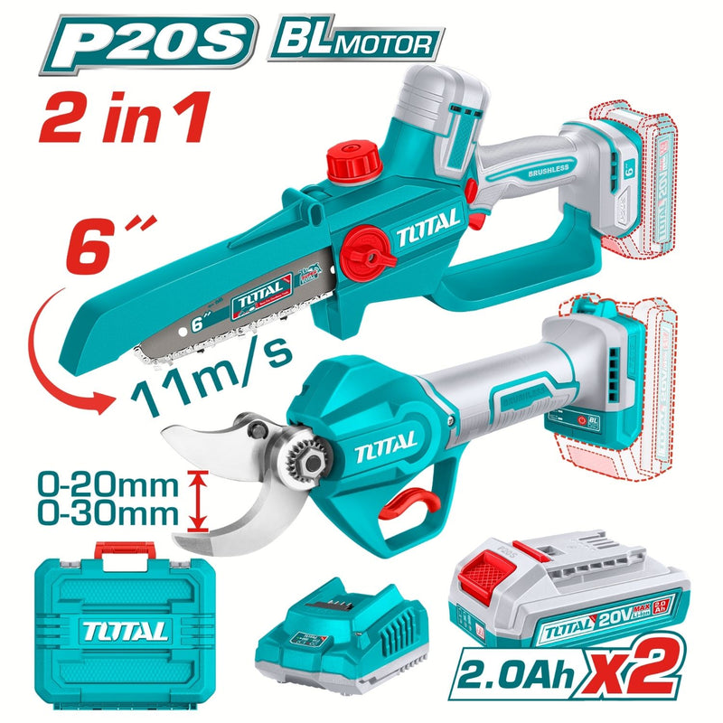 Combo Total Inalámbrico 20V  Sierra Podadora Motor sin escobillas 6”  11m/s  y Tijera de Poda 20mm/30mm Incluye accesorios y batería con cargador. POCAS UNIDADES