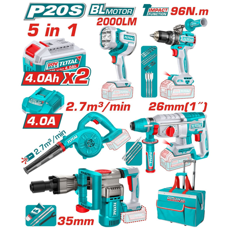 Combo Total 20V Martillo Rotativo 2.5J Martillo Demoledor 16J Sopladora 18,000 rpm Taladro Percutor 96Nm Lampara de Trabajo 22.5W Incluyen accesorios. POCAS UNIDADES