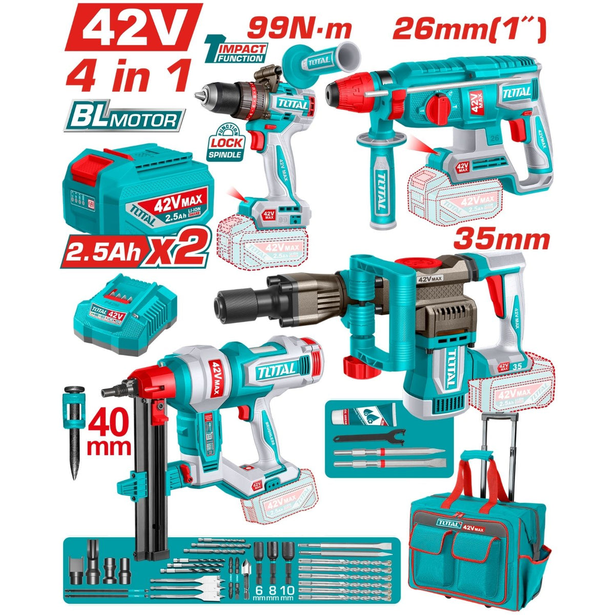 Combo Total 42V Taladro de Impacto 99 Nm Rotomartillo Inalámbrico  2.5 J Demoledora 0-3300 bpm Clavadora 19 - 40 mm Incluye batería y accesorios. POCAS UNIDADES
