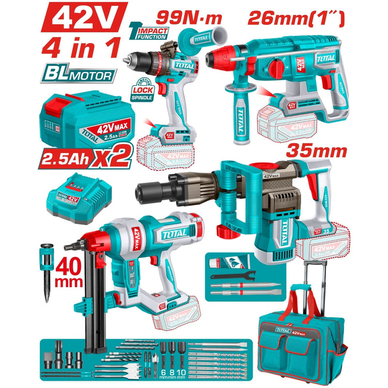 Combo Total 42V Taladro de Impacto 99 Nm Rotomartillo Inalámbrico  2.5 J Demoledora 0-3300 bpm Clavadora 19 - 40 mm Incluye batería y accesorios. POCAS UNIDADES