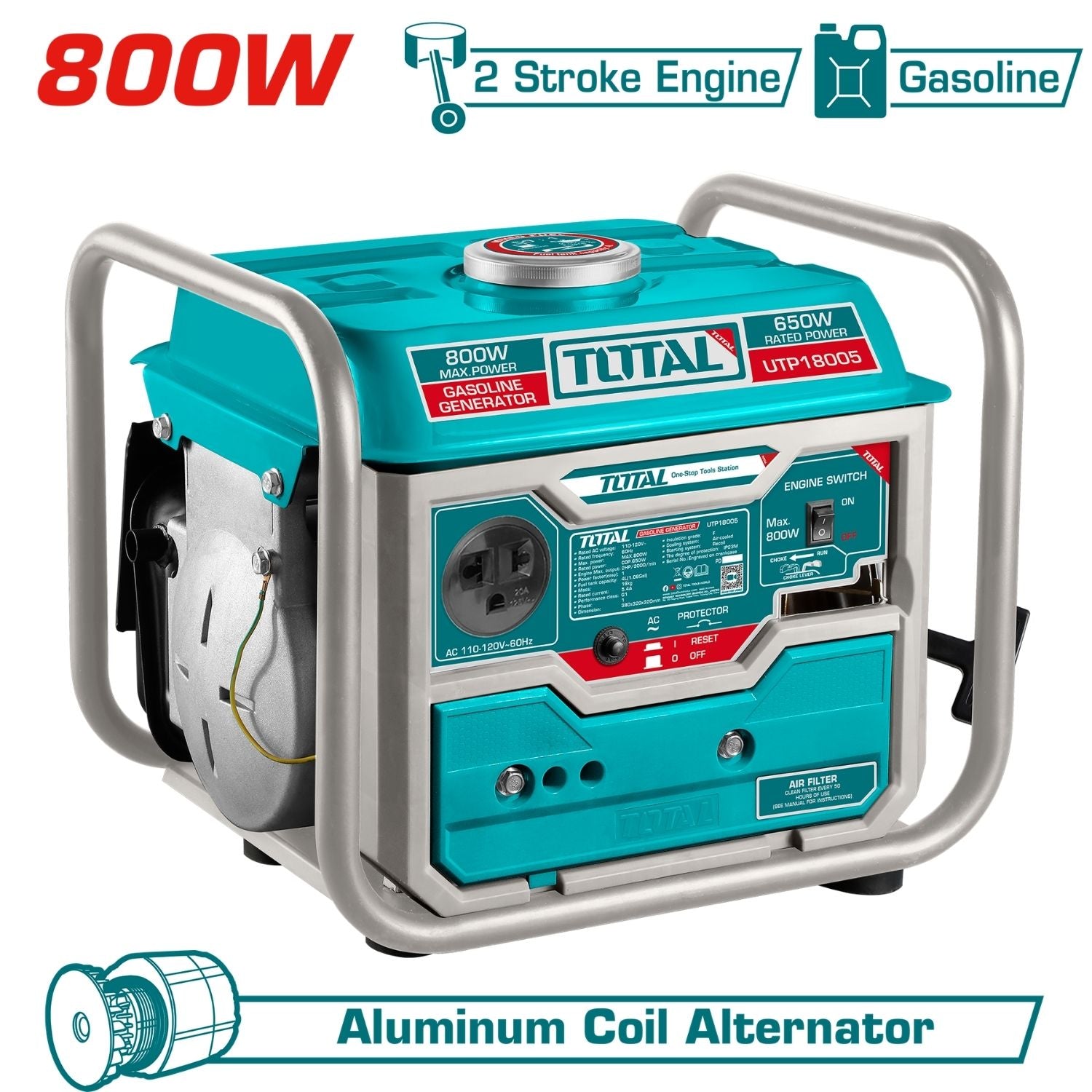 Generador a Gasolina 800W (650W Nominal) 110V 2 Tiempos Portátil