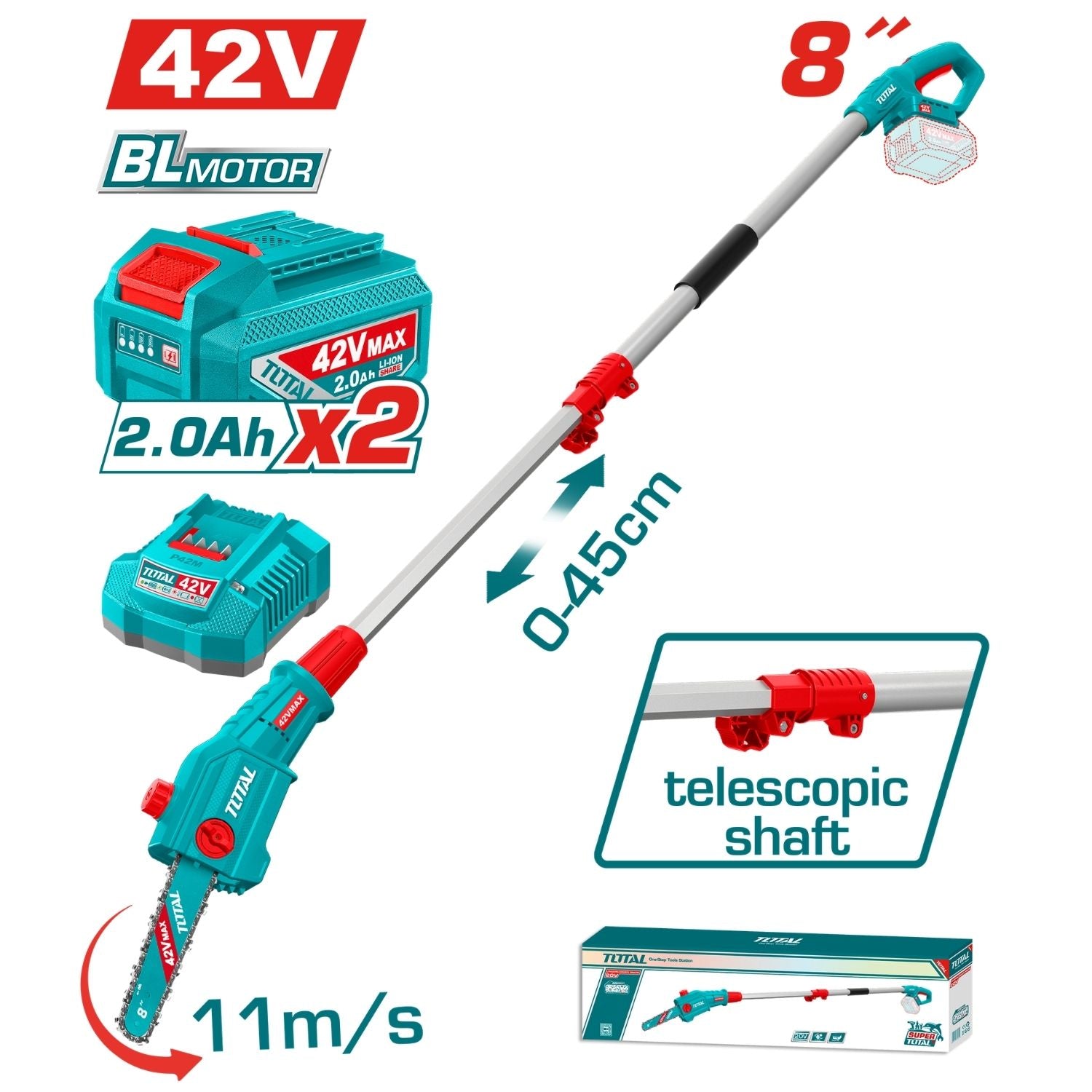 Sierra de Podar Telescópica Inalámbrica 42V  Motor sin Escobillas Barra de 8″  Alcance de 2 m Incluye 2 baterías y 1 cargador. Podadora de Altura.