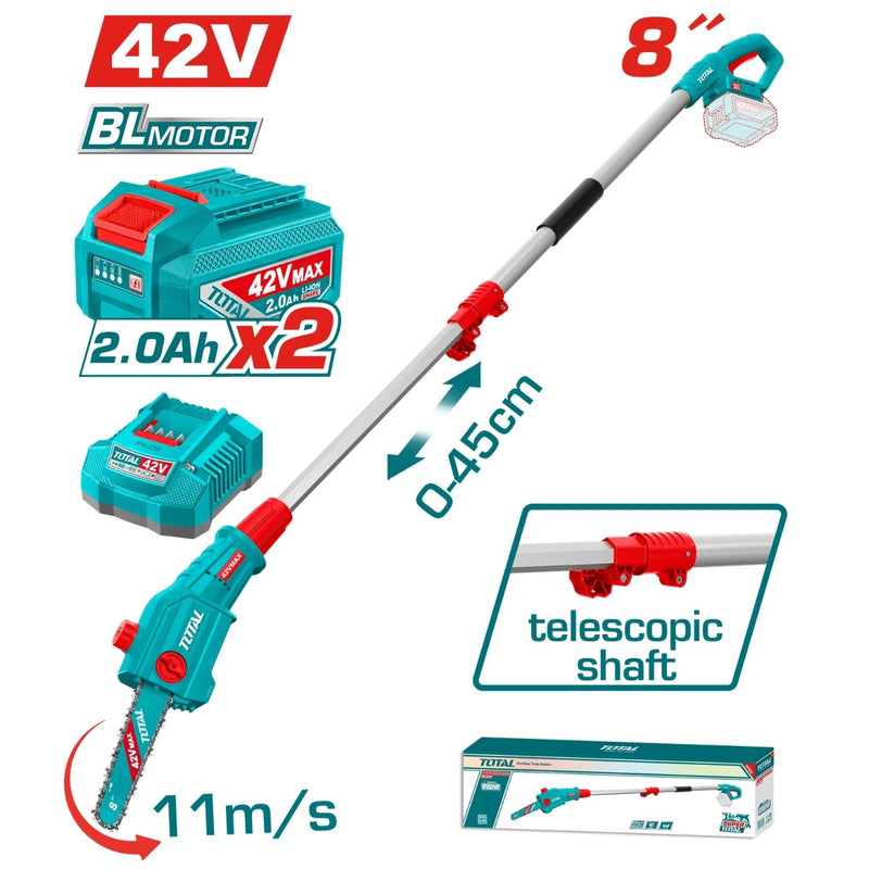Sierra de Podar Telescópica Inalámbrica 42V  Motor sin Escobillas Barra de 8″  Alcance de 2 m Incluye 2 baterías y 1 cargador. Podadora de Altura.