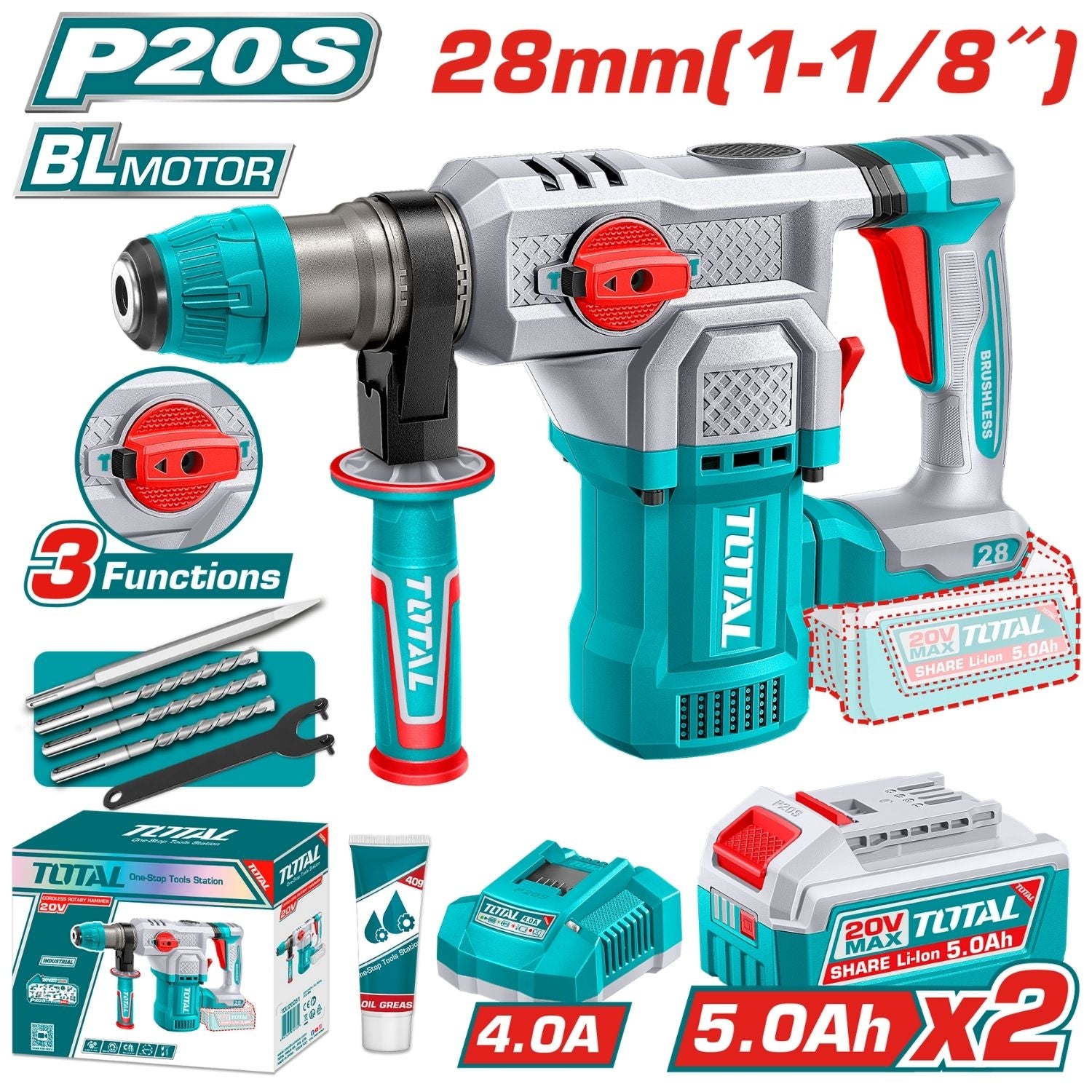 Taladro Rotomartillo 20V 930rpm. 4400 bpm. Perfora 28mm en concreto. Incluye batería ,cargador y accesorios.