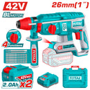 Taladro Rotomartillo 42V con Motor sin Escobillas 5000bpm Perfora 26mm en Concreto. Incluye Brocas, cinceles, batería y cargador. Martillo Rotativo Demoledor.