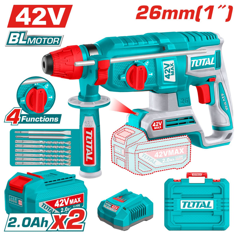 Taladro Rotomartillo 42V con Motor sin Escobillas 5000bpm Perfora 26mm en Concreto. Incluye Brocas, cinceles, batería y cargador. Martillo Rotativo Demoledor.