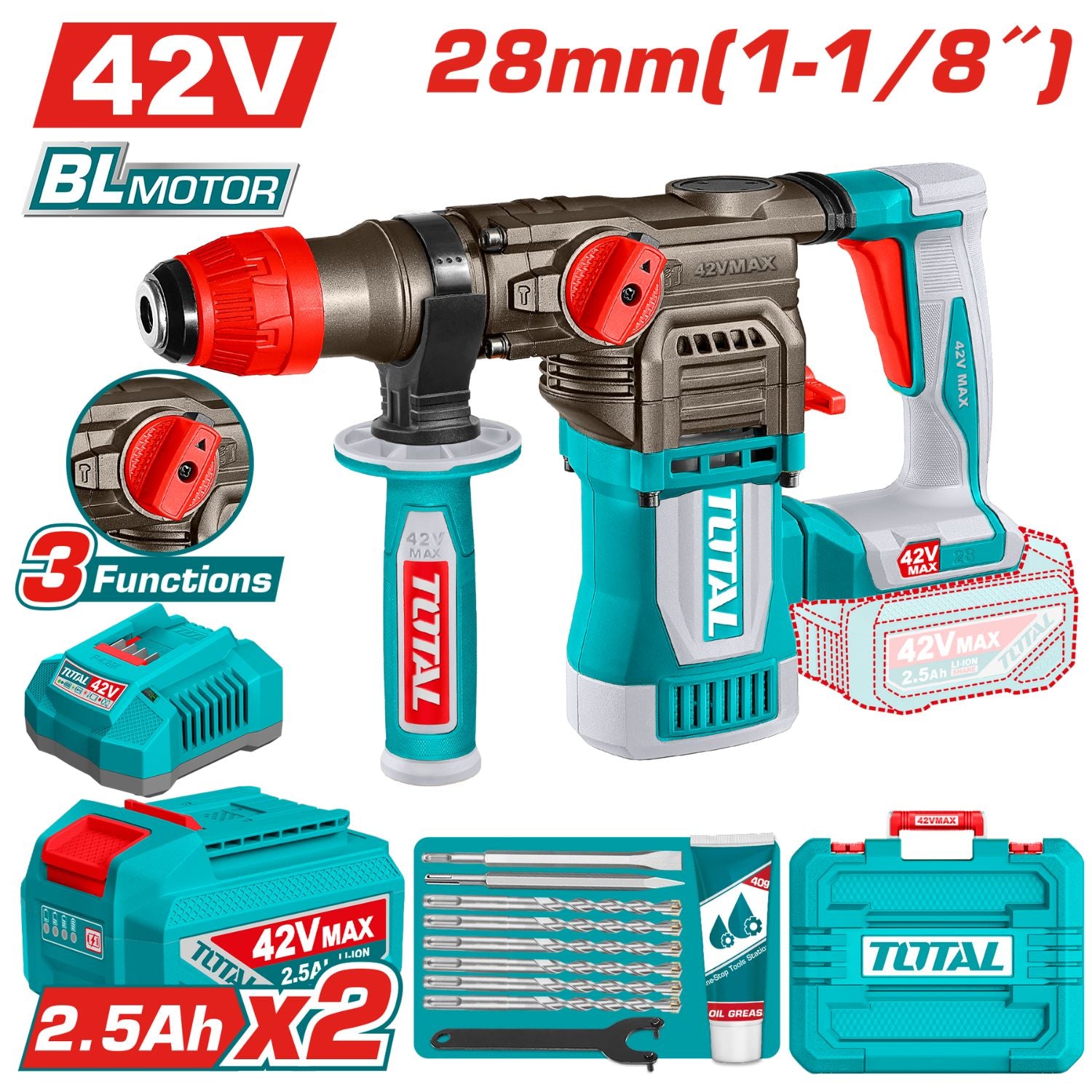 Taladro Rotomartillo 42V 900 rpm. 4400 bpm. Perfora 28mm en concreto. Incluye batería y cargador y accesorios.