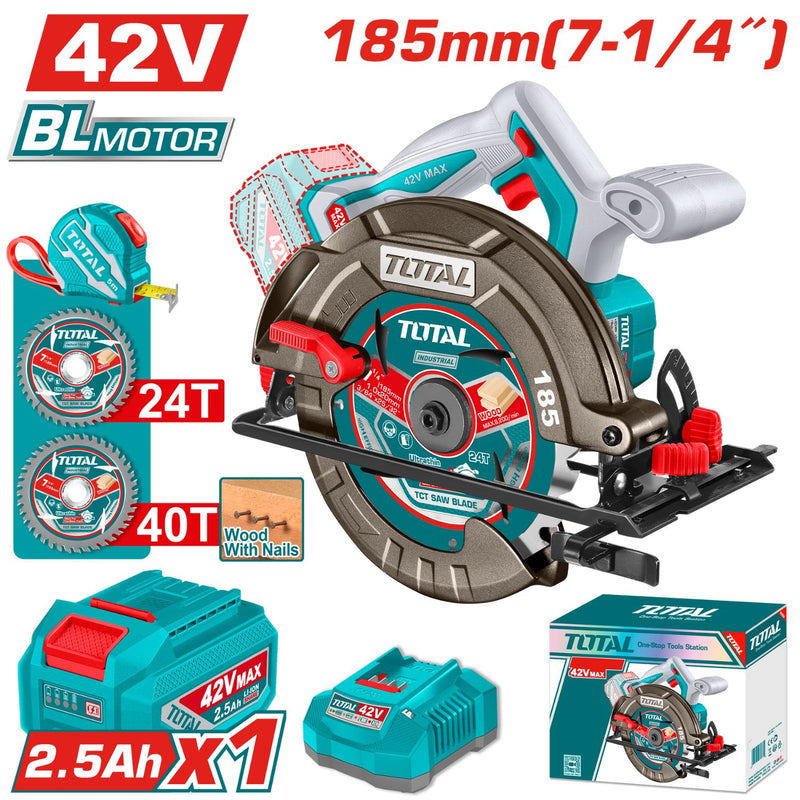 Sierra Circular 42V Disco 7-1/4'' (185mm) Motor sin Escobillas.  4800rpm Corte 45°-45 mm y 90°- 65 mm. Incluye Batería, cargador y accesorios.