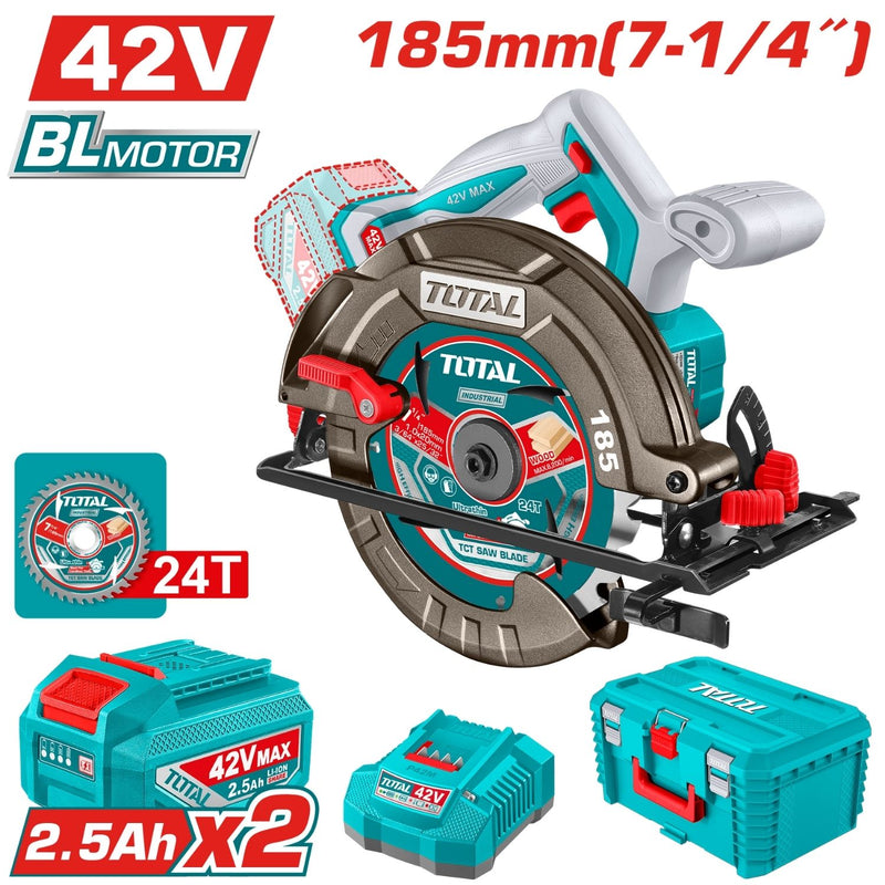 Sierra Circular 42V Disco 7-1/4'' (185mm) Motor sin Escobillas.  4800rpm Corte 45°-45 mm y 90°- 65 mm. Incluye 2 Baterías,1 cargador y accesorios.