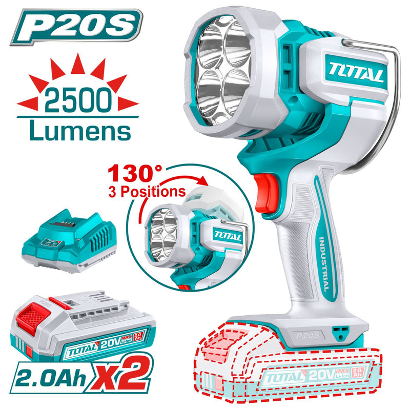 Lámpara De Trabajo Inalámbrica 20V. 2500 Lumens. Cabeza giratoria de 130°. Incluye 2 baterías  y 1 cargador. Linterna.