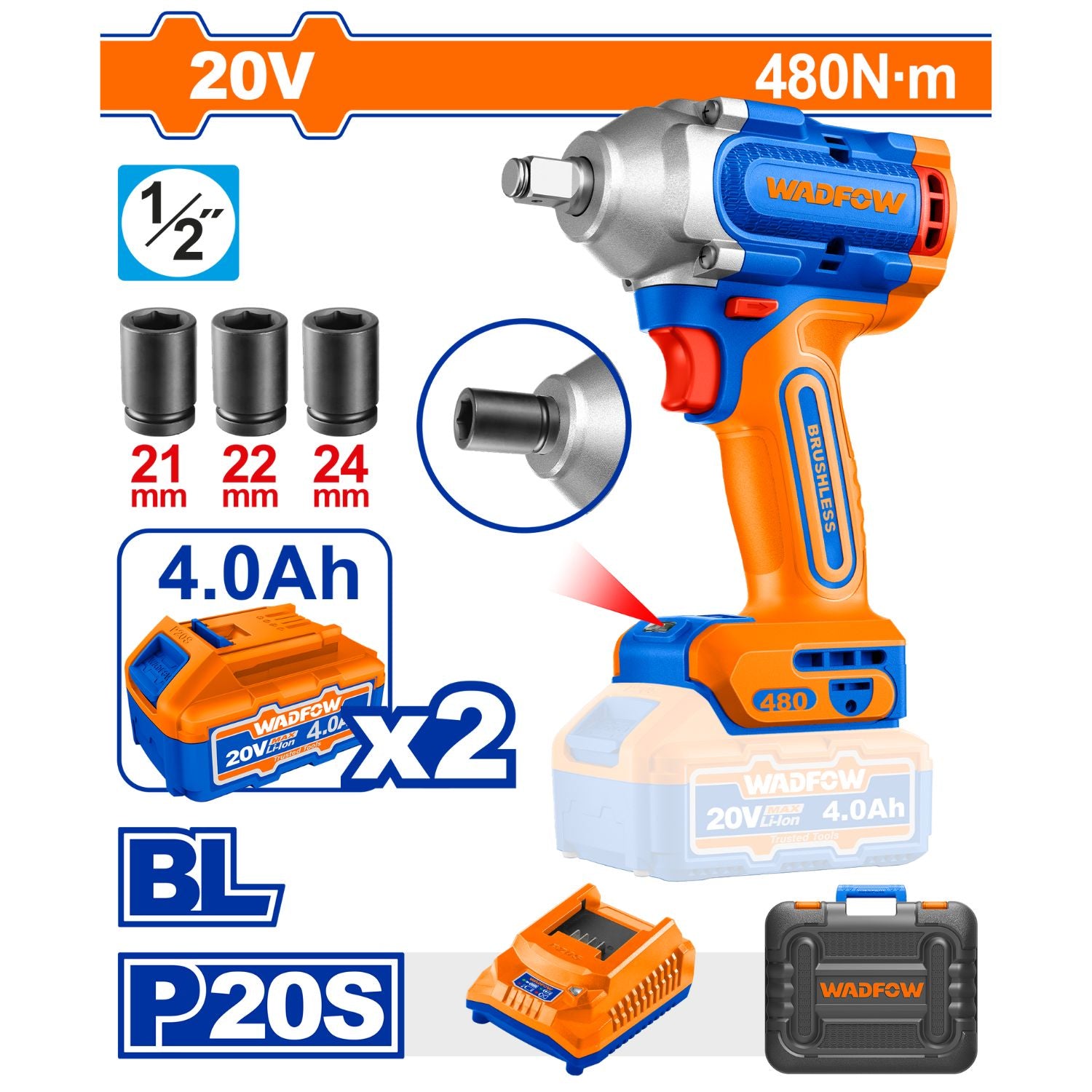 Llave Impacto Dado Cuadrado 1/2" 20V 480Nm. Motor sin escobillas. Incluye 2 Baterías 4.0Ah, cargador, sockets y maletín.