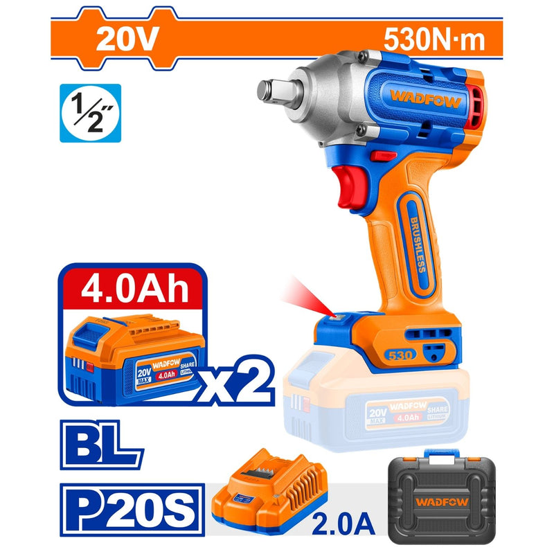 Llave impacto dado cuadrado 1/2" 20V Motor sin escobillas 530Nm. Velocidad sin carga 0–2500rpm Incluye 2 baterías 1 cargador