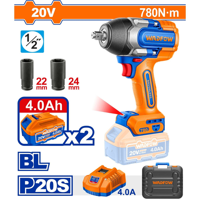 Llave de impacto inalámbrica 1/2" 780Nm 2400 rpm Torque de arranque 950Nm Luz LED  Incluye accesorios.