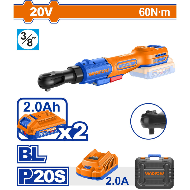 Ratchet Inalámbrico Extensible 20V de 3/8" 60Nm 0-350rpm Incluye 2 Baterías y  1 cargador.