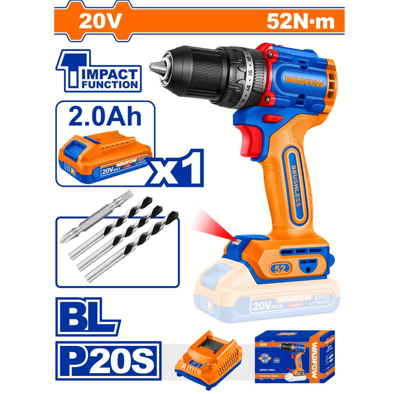Taladro drill Inalámbrico Función Impacto 20V. 1/2″ 0–500 / 0–2000 rpm 52Nm Con batería, cargador y accesorios.
