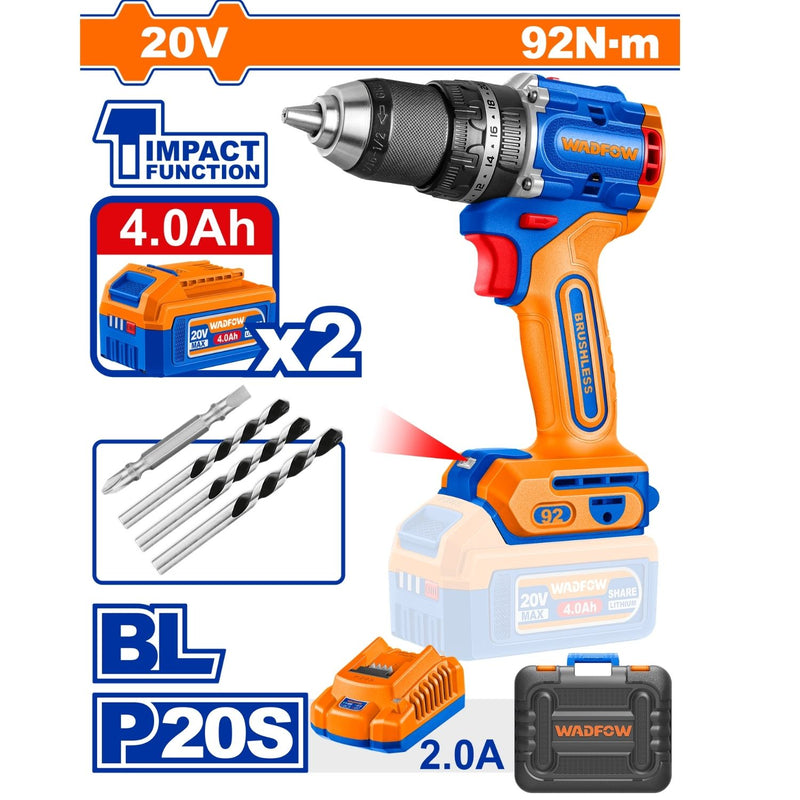 Drill Taladro de Impacto ½”  (13mm) 20V 92Nm 31,500 bpm Motor sin escobillas. Incluye 2 Baterías 4.0Ah y Cargador.