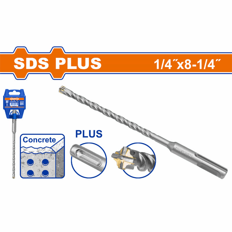 Broca para Concreto SDS Plus 1/4" x 8-1/4" Punta Carburo TCT Doble Canal Cr-V Superficie Arenada.