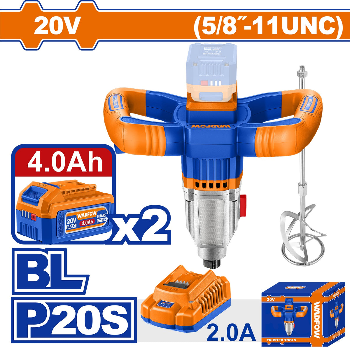 Mezclador Inalámbrico 20V de 2 Velocidades 0-520rpm/0-800rpm. Rosca 5/8''-11UNC. Incluye 2 Baterías 4.0Ah y Cargador. Mezcladora
