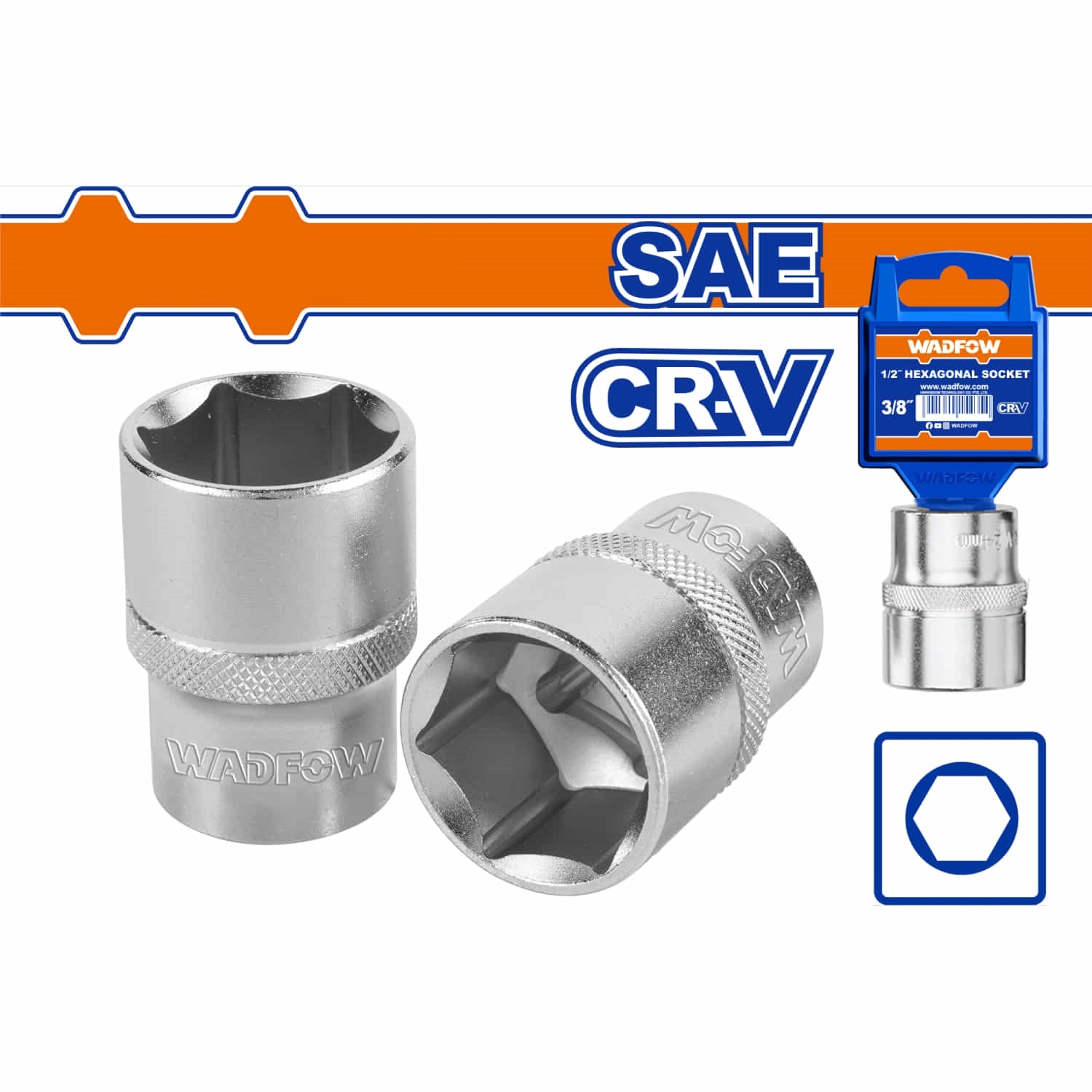 Sockets hexagonales 1/2" Cr-V con tratamiento térmico. Dados SAE