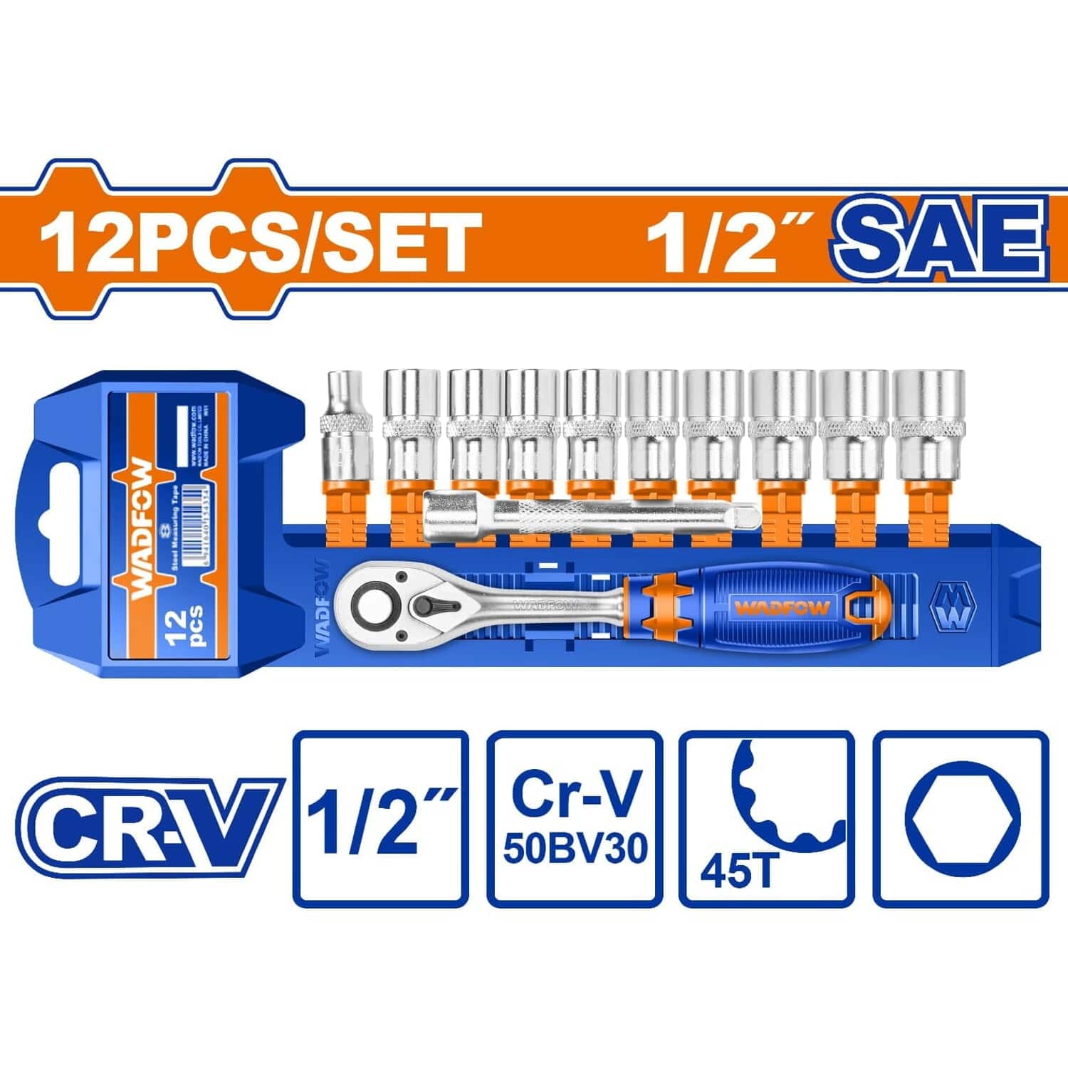 Dados Socket 1/2" 12 Pzs Con Ratchet. CR-V. 45 Dientes. (Socket, Barra De Extensión) Medida SAE.Cromado (Set)