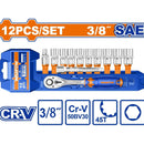 Dados Socket Ratchet 3/8" 12 Pzs. CR-V. 45 Dientes. (Socket, Barra De Extensión) Medida SAE.Cromado (Set)