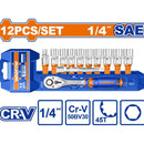 Dados Socket Ratchet 1/4" 12 Pzs. CR-V. 45 Dientes. (Socket, Barra De Extensión) Medida SAE.Cromado (Set)