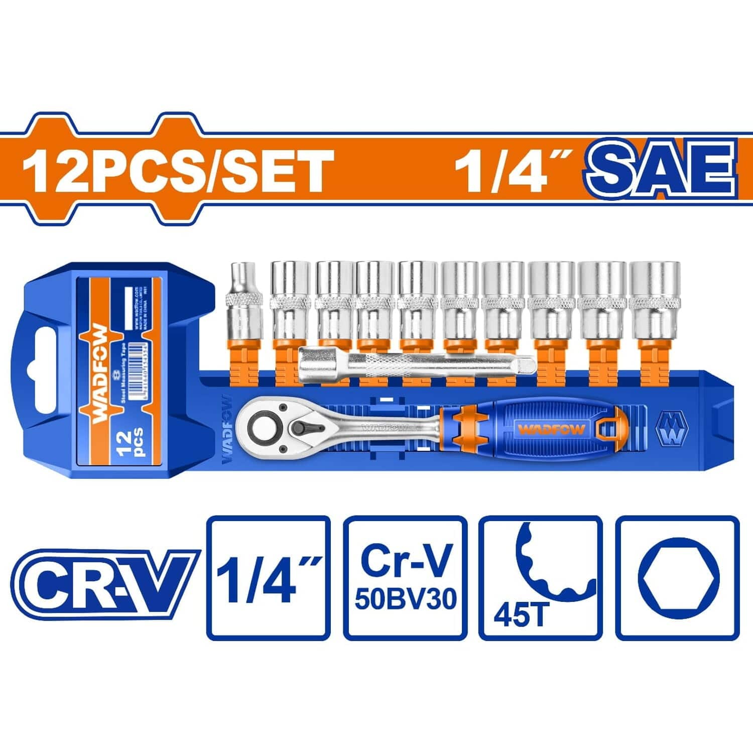 Dados Socket Ratchet 1/4" 12 Pzs. CR-V. 45 Dientes. (Socket, Barra De Extensión) Medida SAE.Cromado (Set)