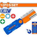 Puntas Destornillador 25Mm. CR-V. Brocas: PH1,PZ1,SL4,T20. Punta Magnética. Incluye Un Soporte. Juego De 12 Pzas.