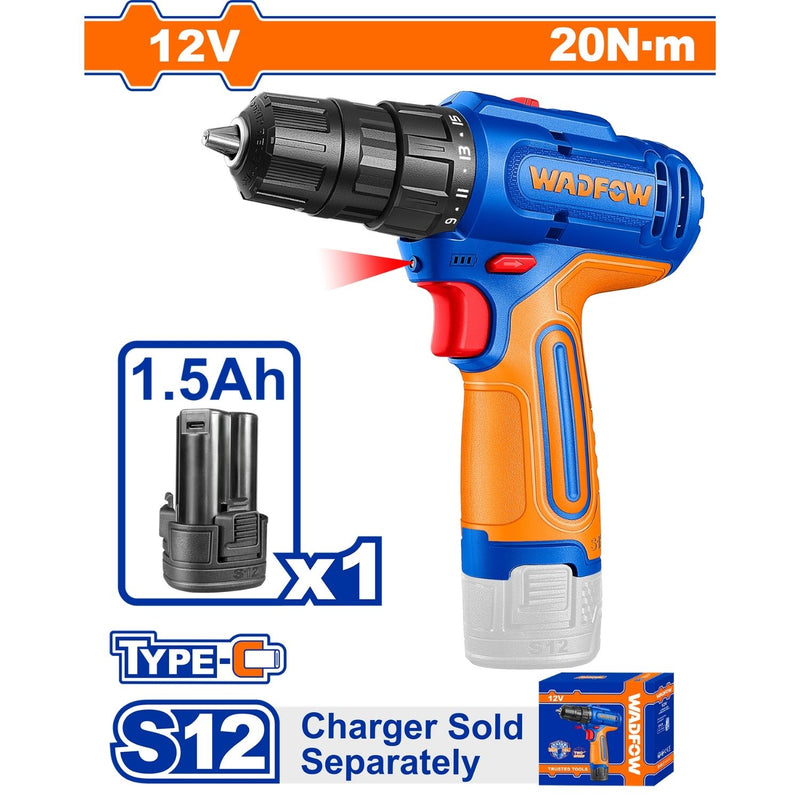 Taladro drill inalámbrico de 12V 0.8-10mm. 0-400/0-1500rpm. 20Nm 2 velocidades. Cargador por separado.