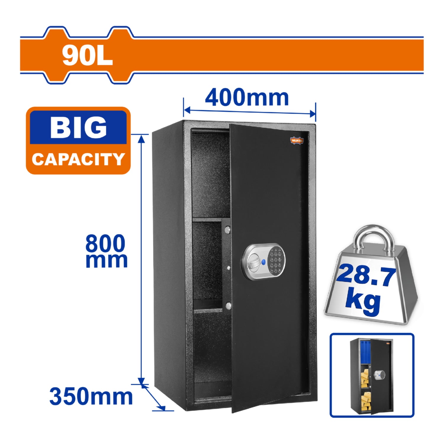 Caja fuerte de seguridad eléctrónica 90L. 32" x 16" x 14" (80 x 40 x 35 cm) Registra 3 a 8 dígitos.