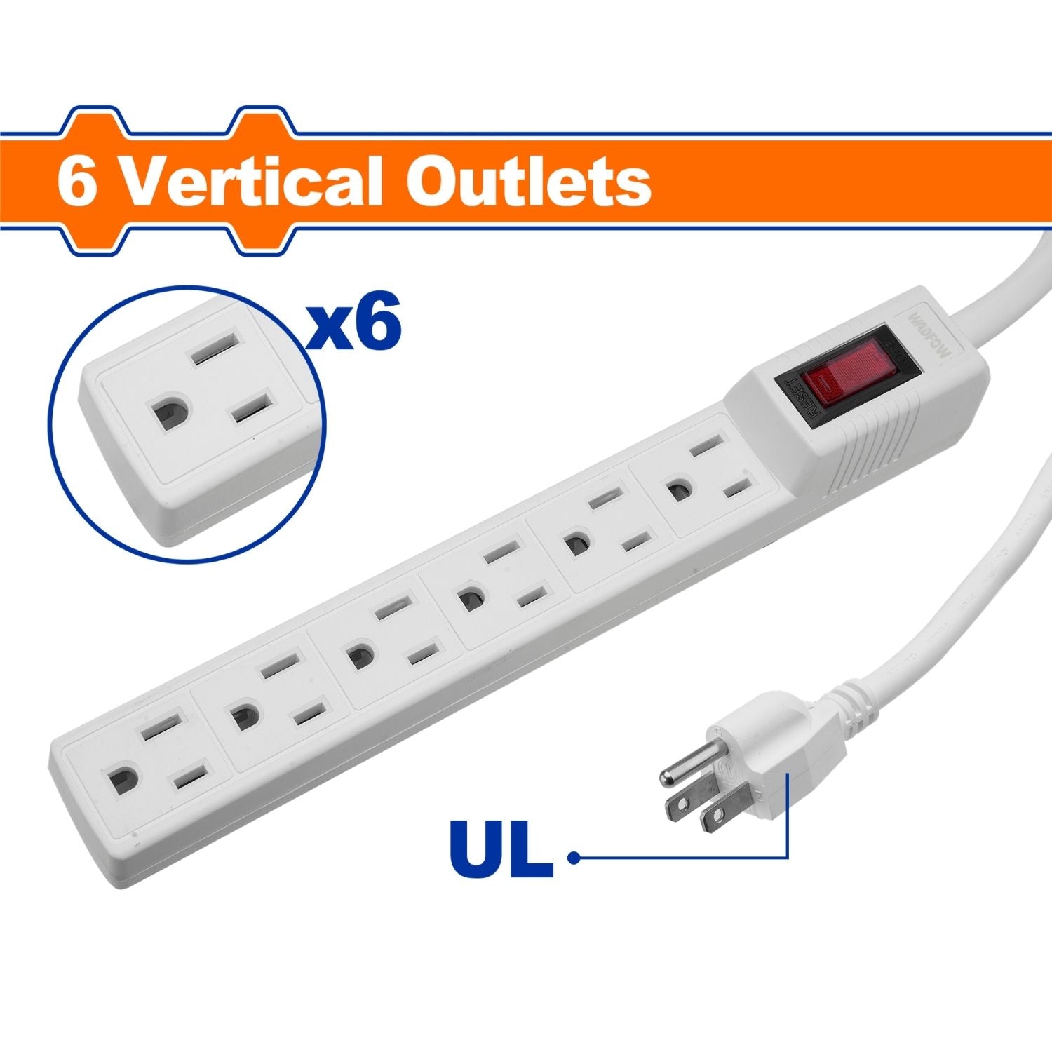 Regleta Polarizada de 6 tomacorrientes 3x14AWG. 125V-60Hz 1875W. Long: 6 pies. Material retardante de llama  Corriente 15A.