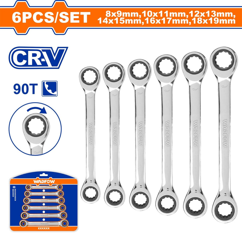 Llaves Ratchet doble anillo acodado Set 6 piezas. 8–19 mm Cr-V. Fino Pulido. Set